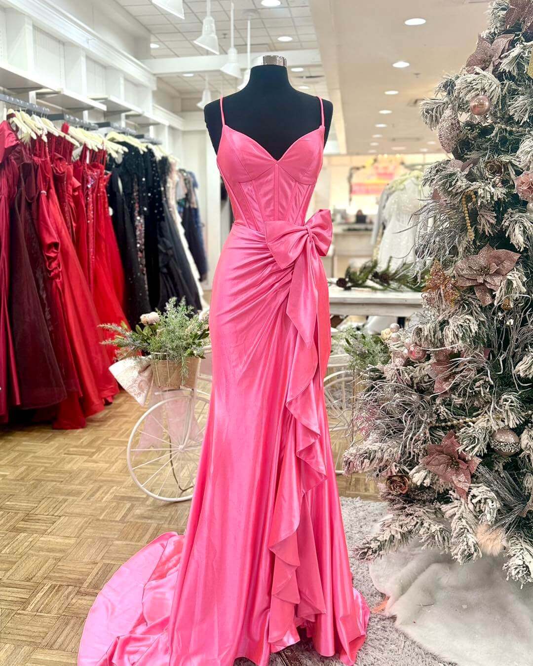 Pink Satin Long Formal Guest Dress with Bow Spaghetti Straps V-Neck