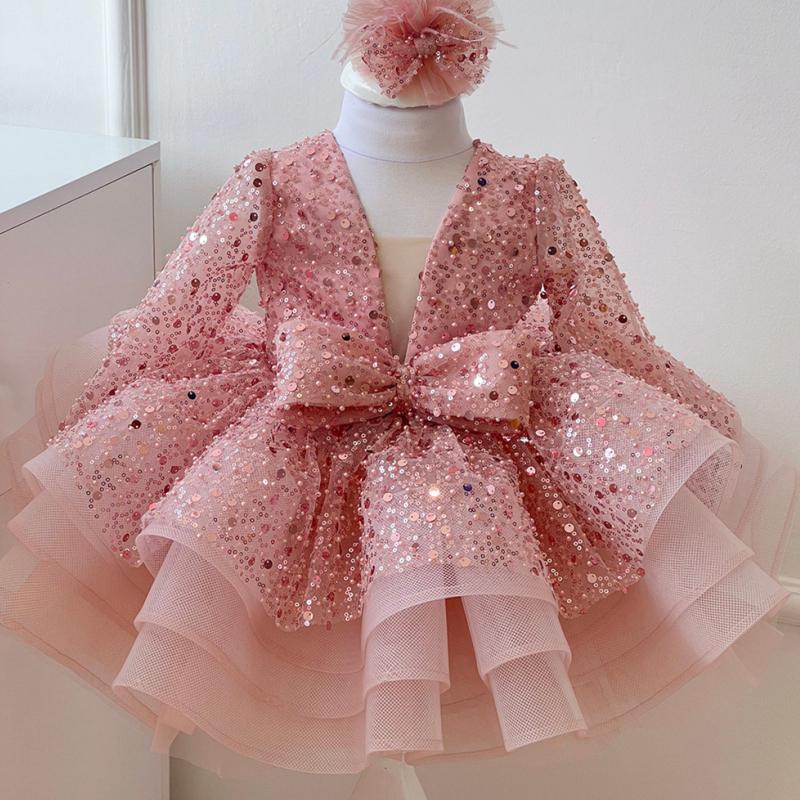 Long Sleeves Sequin Flower Girl Dress Toddler Birthday Baby Party Tutu Dress