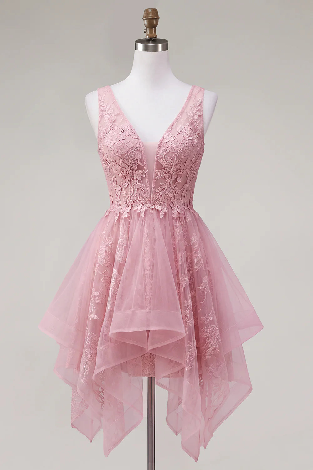 Pink Short Handkerchief Dress Homecoming Lace Appliqued V-Neck