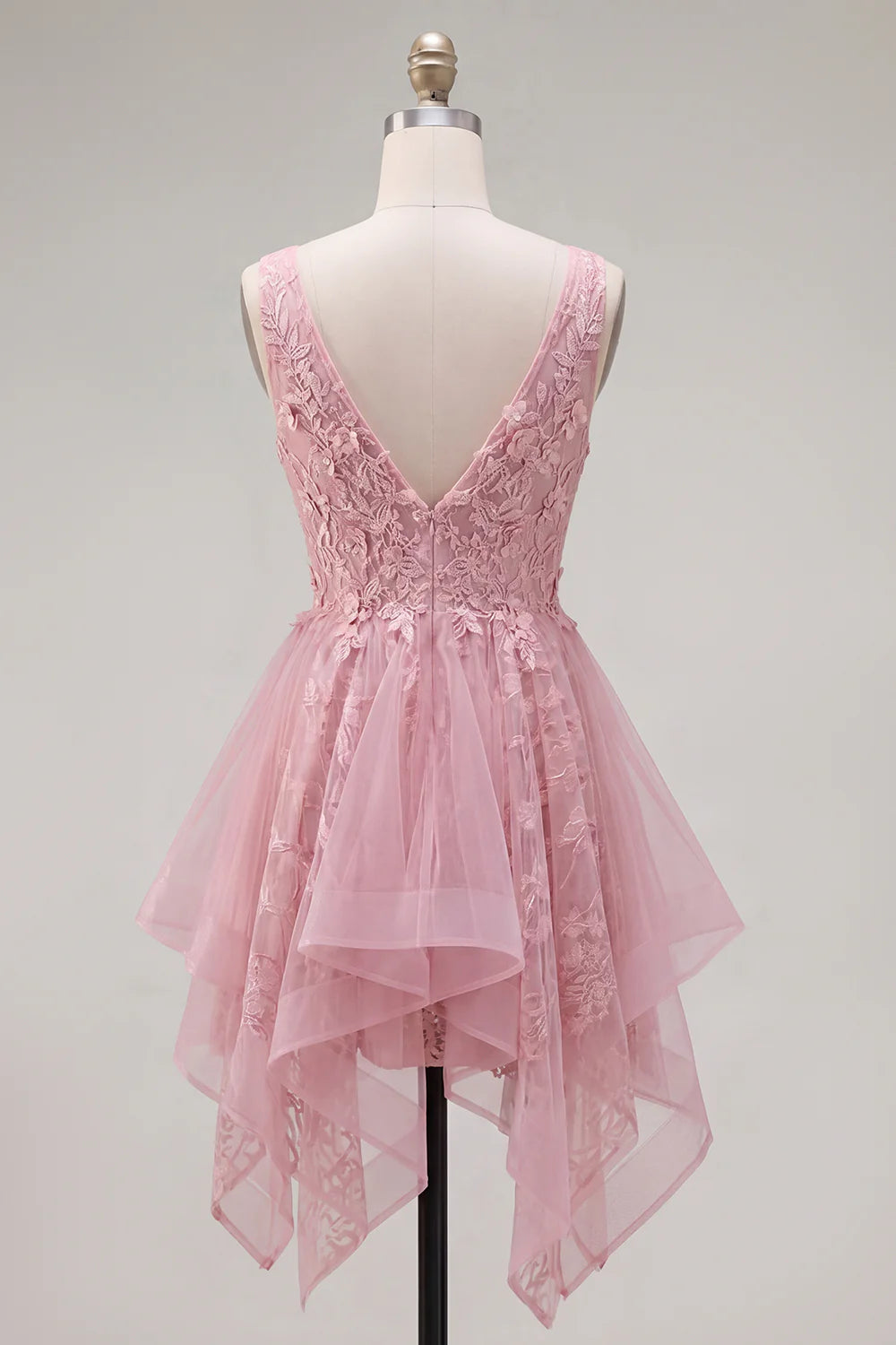 Pink Short Handkerchief Dress Homecoming Lace Appliqued V-Neck