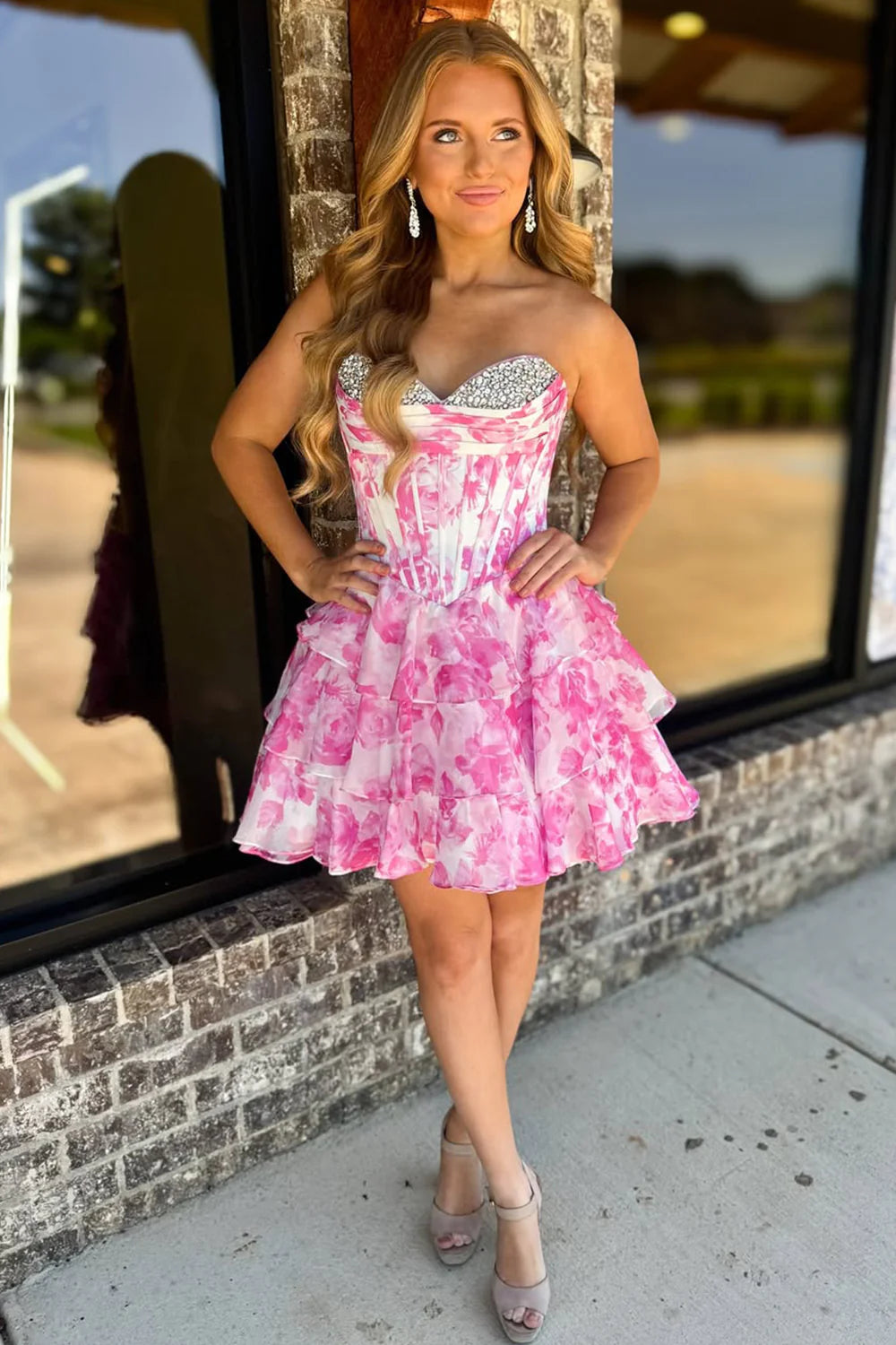 Pink Short Homecoming Dress Beaded Floral Sweetheart with Ruffle
