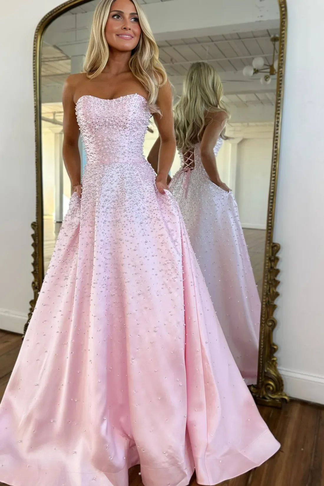 Light Blue Strapless Prom Dress Pearls A-line Satin Evening Dress Sweetheart