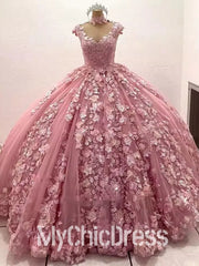 Pink Sweet 16 Quinceanera Dresses 3D Flowers Pearls Appliques Sleeveless