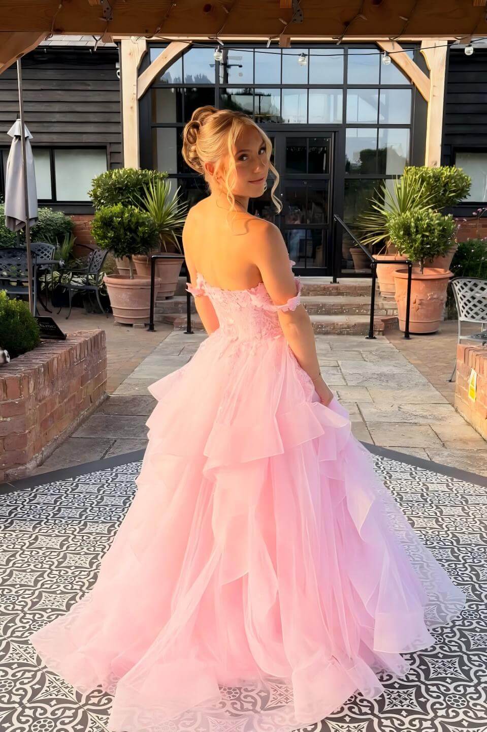A Line Blue Tiered Ruffle Prom Dress Lace Tulle Off the Shoulder
