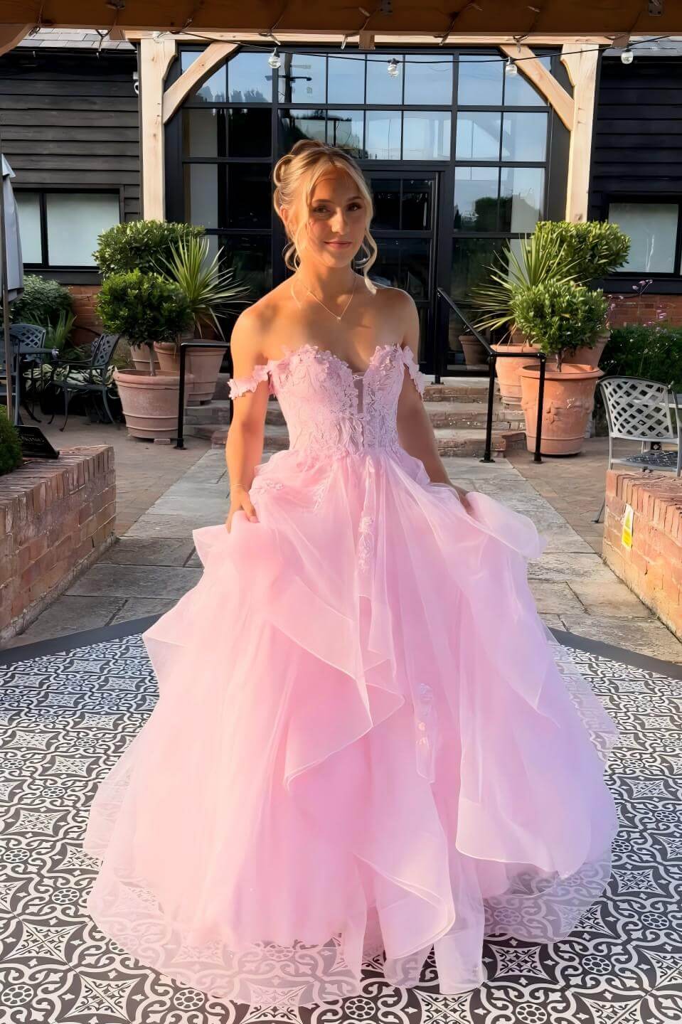 A Line Blue Tiered Ruffle Prom Dress Lace Tulle Off the Shoulder