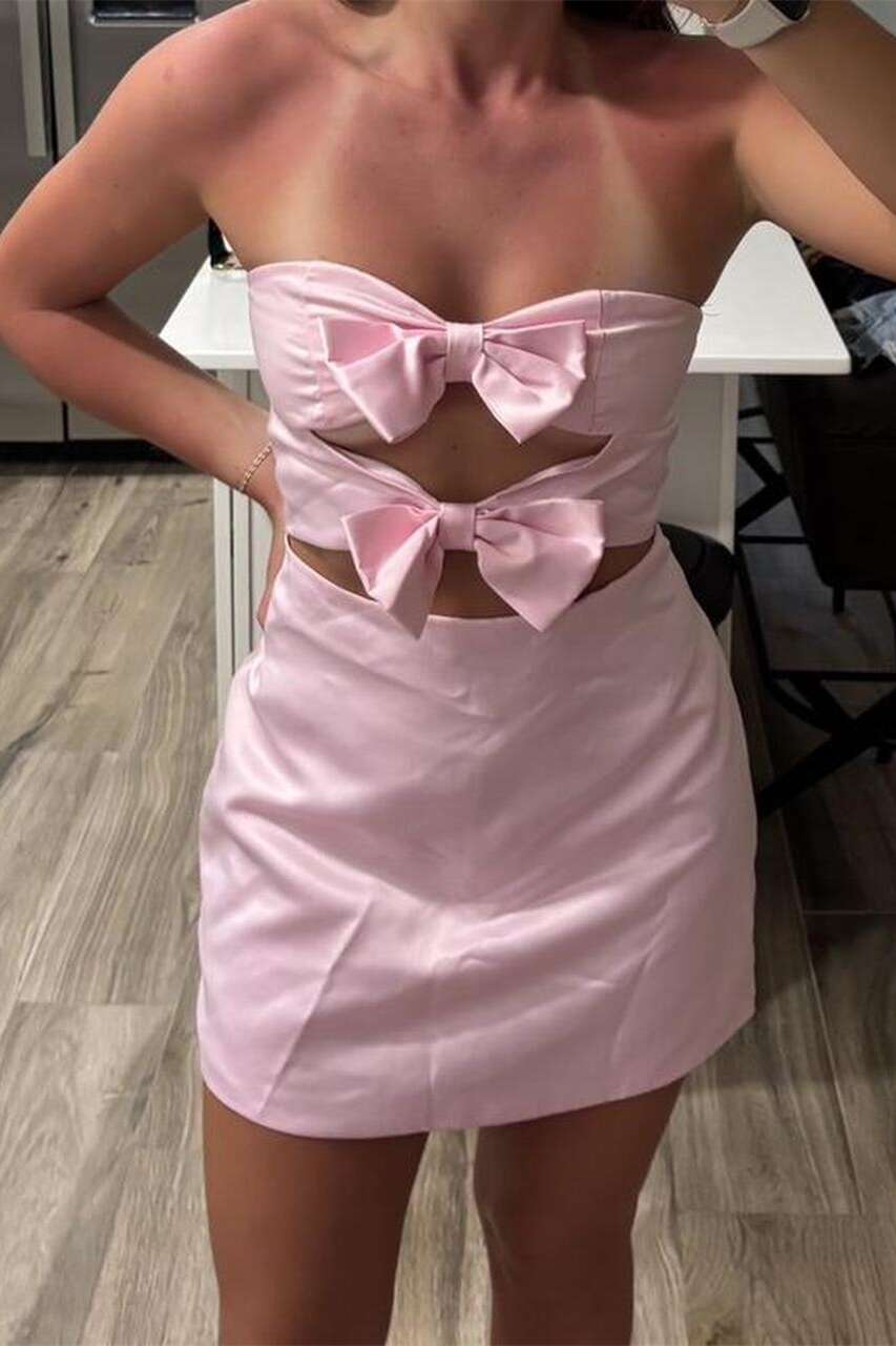 Pink Tight Strapless Mini Dress with Bows Keyholes