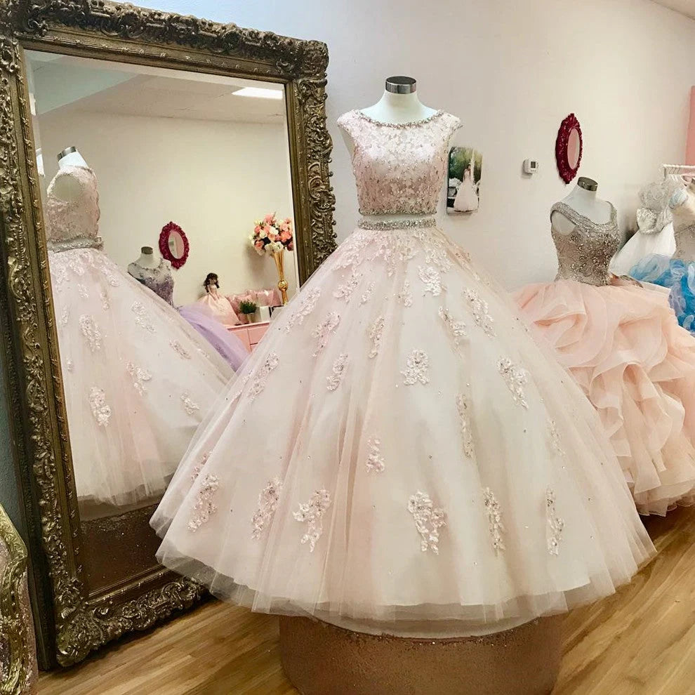 Pink Two Piece Quinceanera Dresses with Beaded  Lace Crop Tulle