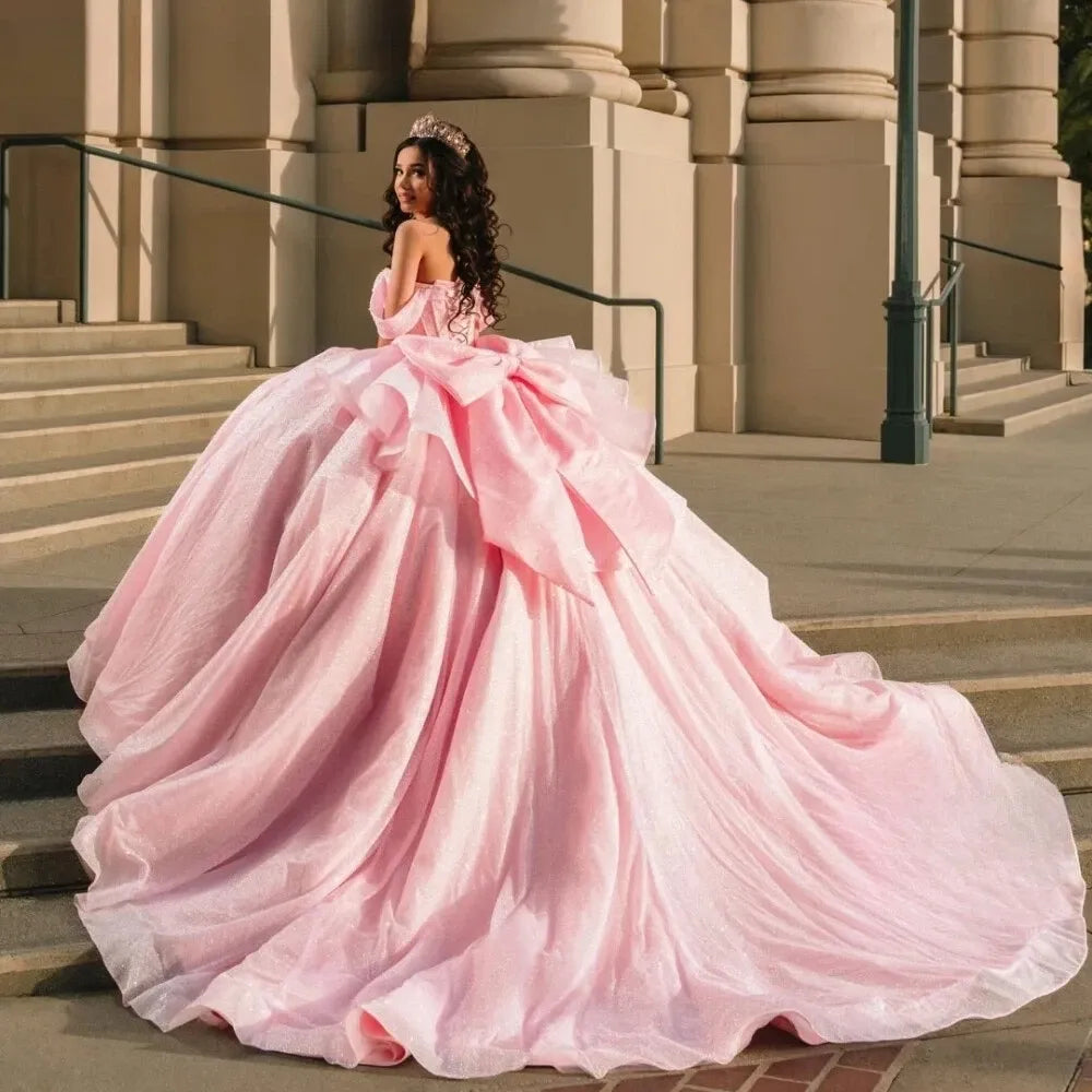 Pink Vestidos De 15 Anos Off the Shoulder Sequin Quinceanera Dresses with Bow