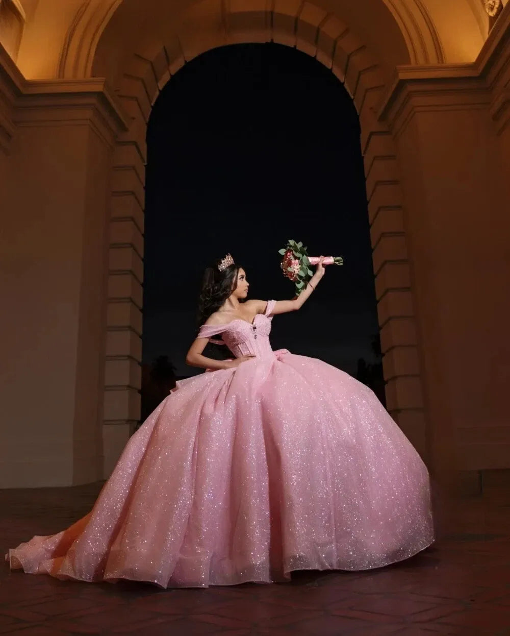 Pink Vestidos De 15 Anos Off the Shoulder Sequin Quinceanera Dresses with Bow