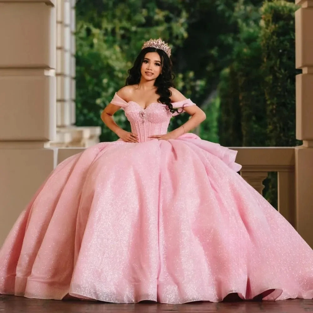 Pink Vestidos De 15 Anos Off the Shoulder Sequin Quinceanera Dresses with Bow
