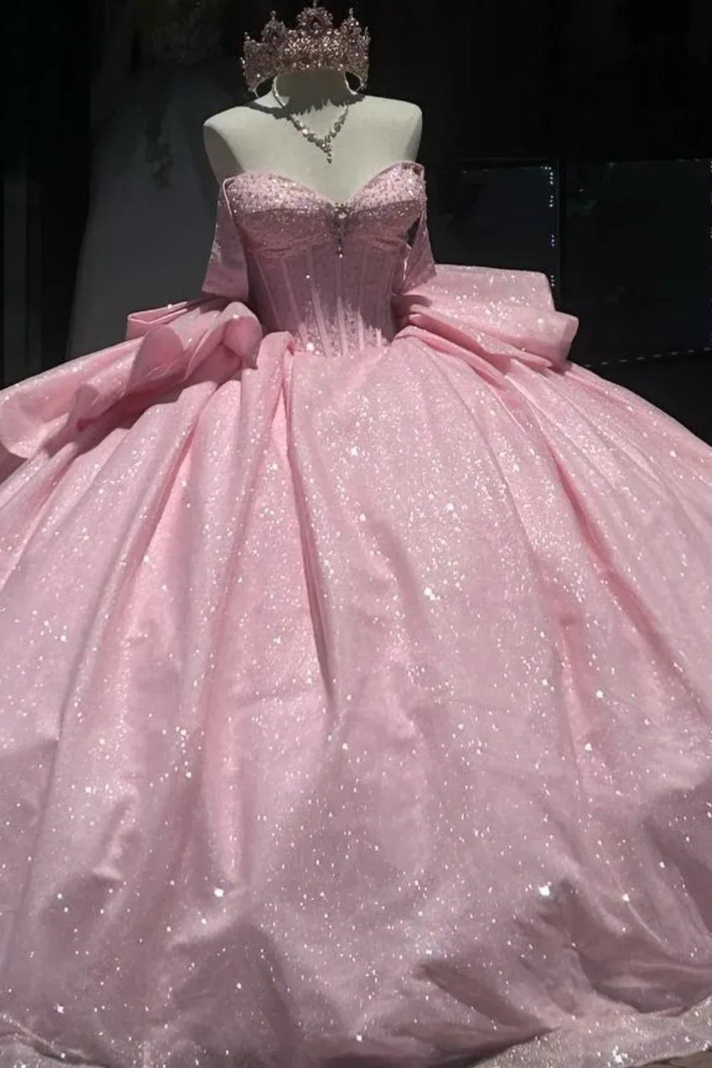 Pink Vestidos De 15 Anos Off the Shoulder Sequin Quinceanera Dresses with Bow