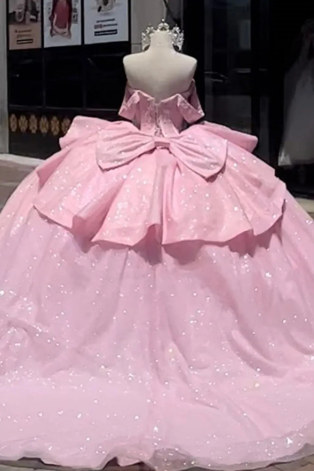 Pink Vestidos De 15 Anos Off the Shoulder Sequin Quinceanera Dresses with Bow