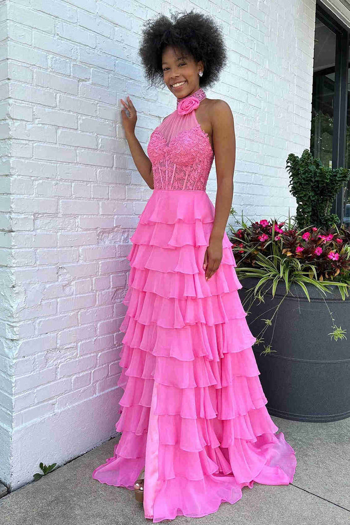 Women's Elegant 3D Flower Halter Neck Long Prom Dress Ruffled Tiered Dress