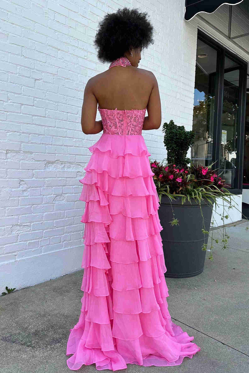 Lavender Long Tiered Violet Prom Dress Ruffle High Neck with 3D Flower - MyChicDress
