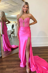 Royal Blue Mermaid Strapless Prom Dress 2025 Lace Applique High Slit Pleated - MyChicDress