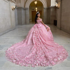 Off Shoulder Corset Pink Quinceanera Dresses 3D Flowers Appliques - MyChicDress