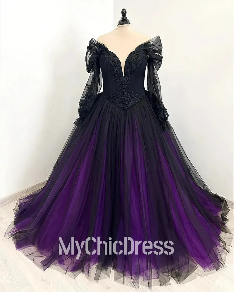 Plus Size  Black Purple Wedding Dresses Gothic Tulle A Line Bridal Gowns