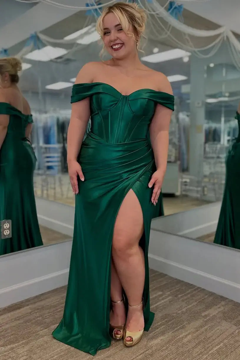 Plus Size Emerald Green Prom Dresses Mermaid Satin Evening Gowns
