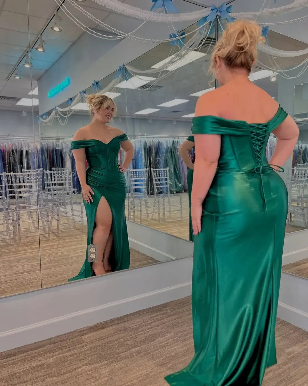 Plus Size Emerald Green Prom Dresses Mermaid Satin Evening Gowns