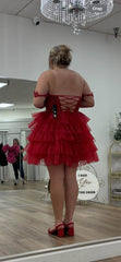 Plus Size Red Hoco Dress Lace Tulle Off the Shoulder Party Dress
