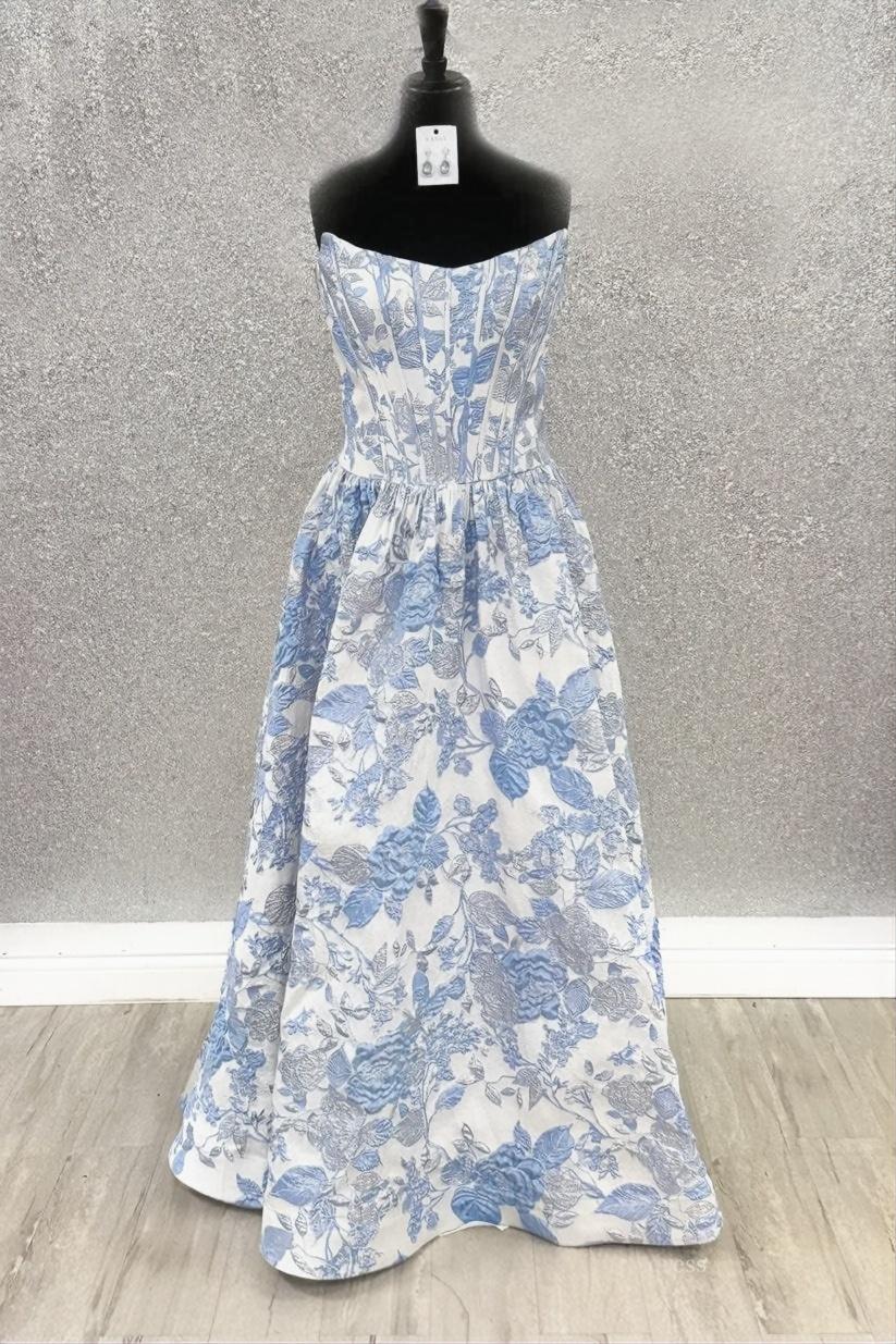 Plus Size Strapless Prom Dress Jacquard blue Eveing Gown