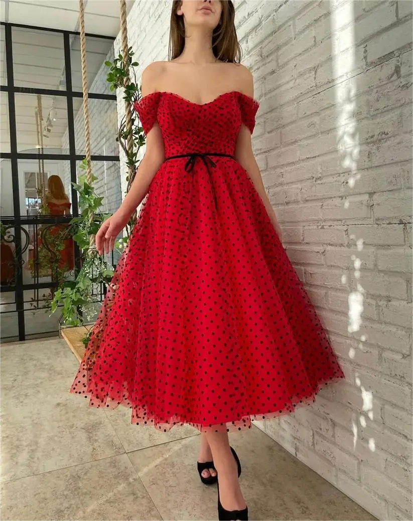 Polka Dot Prom Dresses Red Tulle Midi Wedding Guest Dress Off the Shoulder