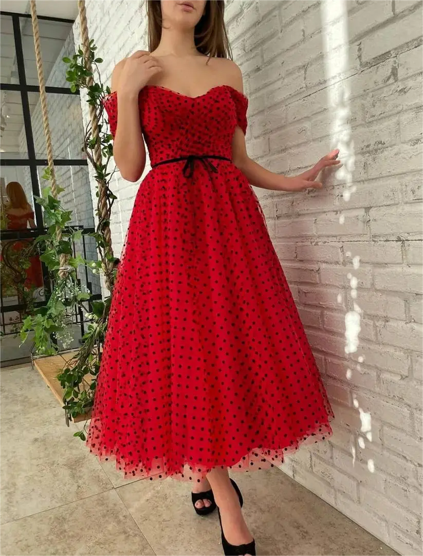 Polka Dot Prom Dresses Red Tulle Midi Wedding Guest Dress Off the Shoulder