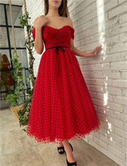 Polka Dot Prom Dresses Red Tulle Midi Wedding Guest Dress Off the Shoulder