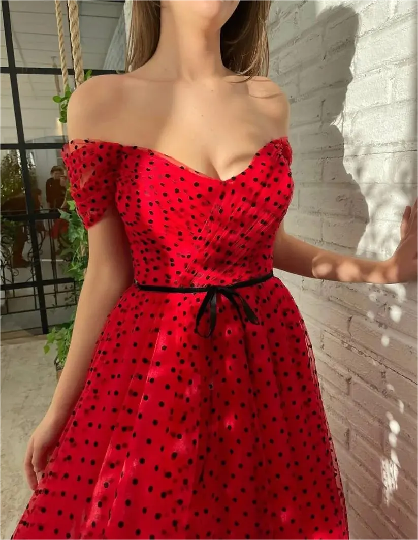 Polka Dot Prom Dresses Red Tulle Midi Wedding Guest Dress Off the Shoulder