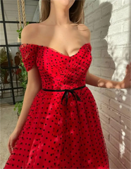 Polka Dot Prom Dresses Red Tulle Midi Wedding Guest Dress Off the Shoulder