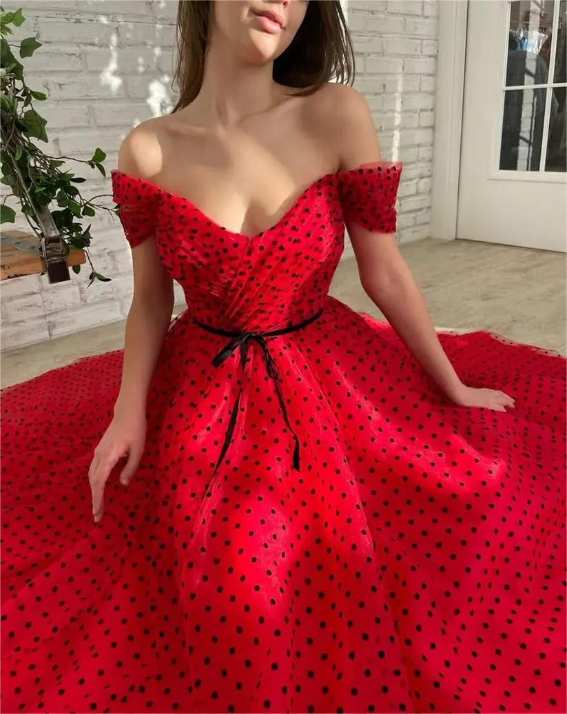 Polka Dot Prom Dresses Red Tulle Midi Wedding Guest Dress Off the Shoulder