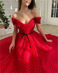 Polka Dot Prom Dresses Red Tulle Midi Wedding Guest Dress Off the Shoulder