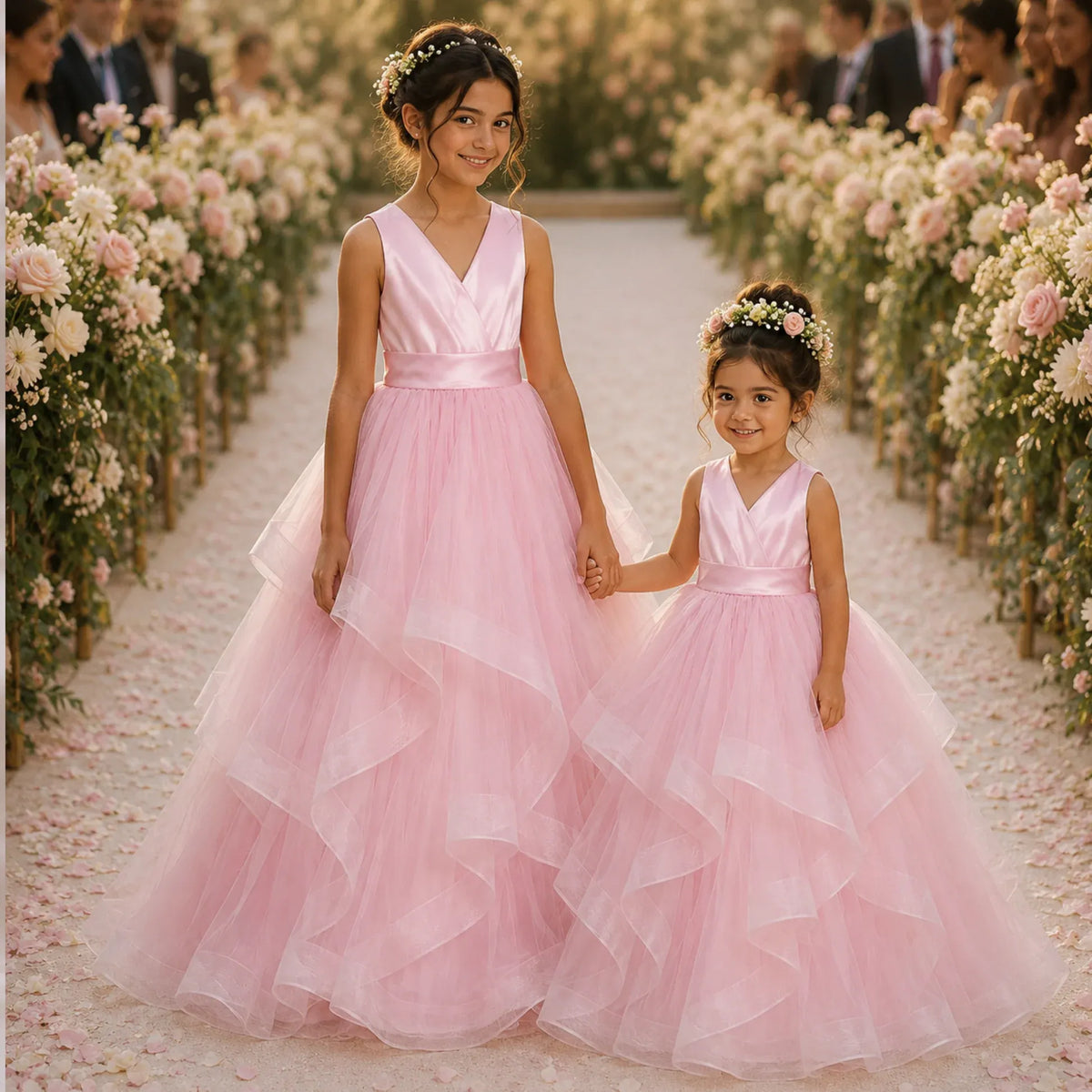 Pretty A Line Pink Flower Girl Dress V Neck Ruffles Gown
