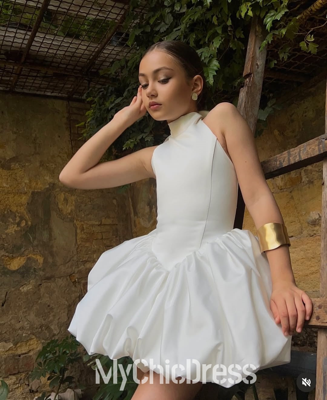 Pretty High Neck Satin Sleeveless White Satin Flower Girl Dress