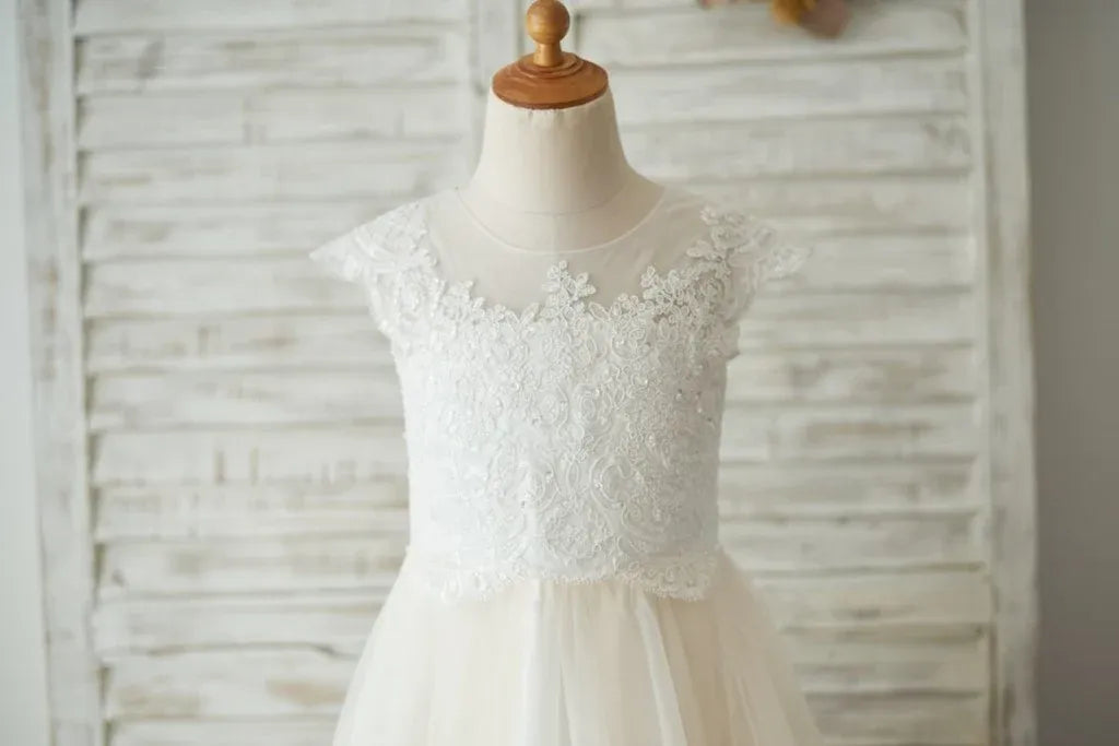Pretty Lace Flower Girl Dress Tulle Cap Sleeves for Wedding Party