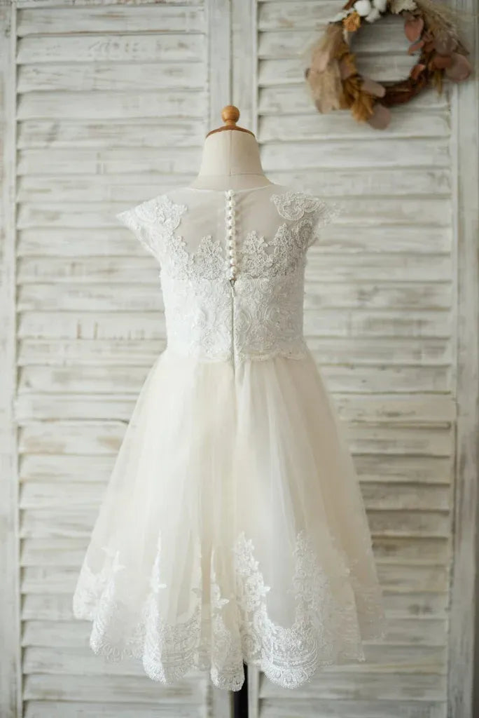 Pretty Lace Flower Girl Dress Tulle Cap Sleeves for Wedding Party