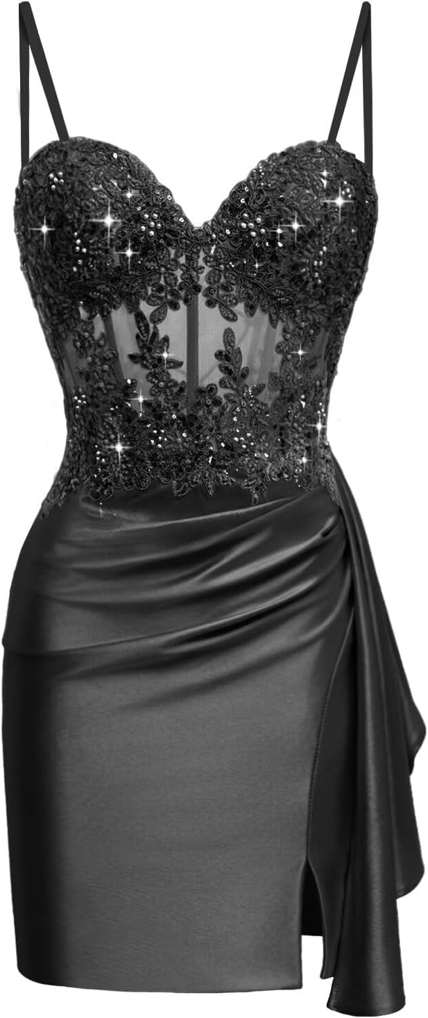 Pretty Lace Satin Mini Corset Hoco Dress 2026 Bodycon Cocktail Gown