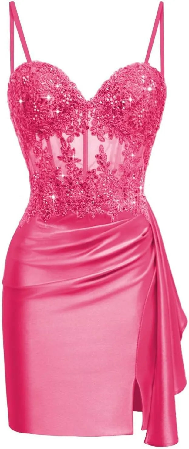 Pretty Lace Satin Mini Corset Hoco Dress 2026 Bodycon Cocktail Gown