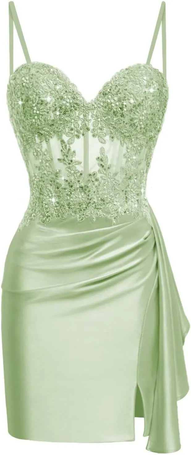 Pretty Lace Satin Mini Corset Hoco Dress 2026 Bodycon Cocktail Gown