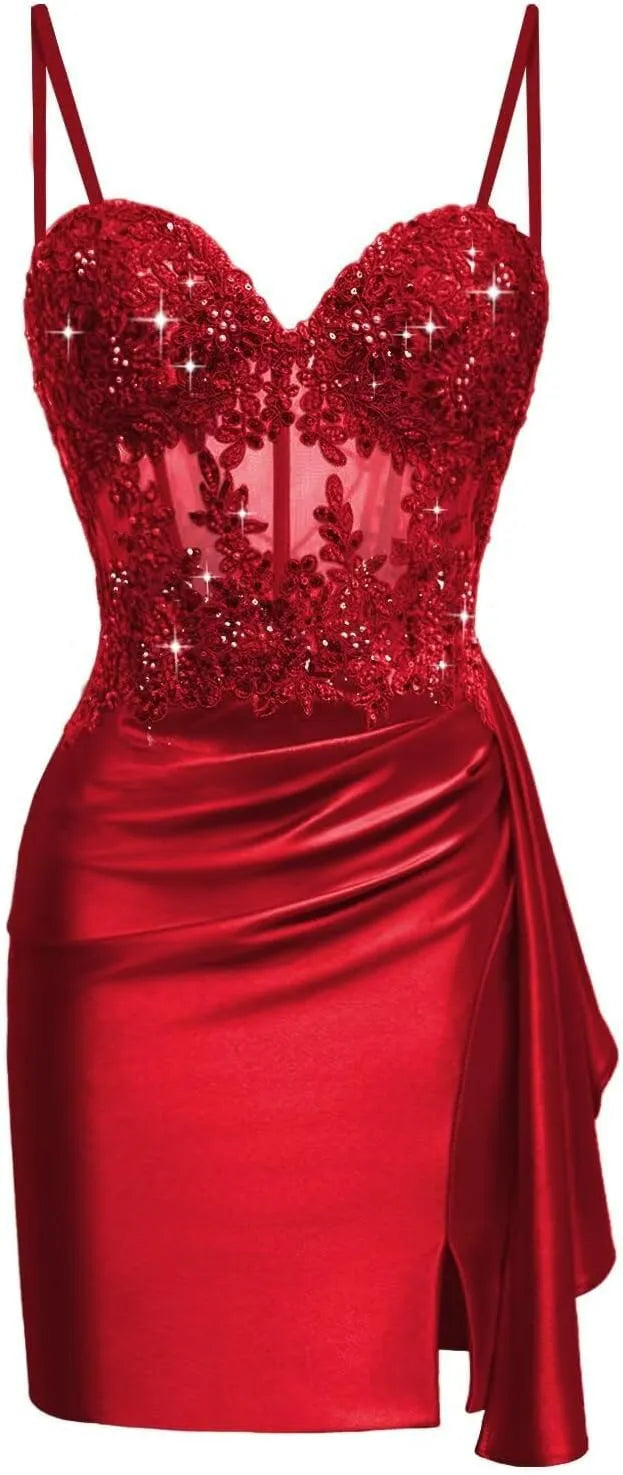 Pretty Lace Satin Mini Corset Hoco Dress 2026 Bodycon Cocktail Gown