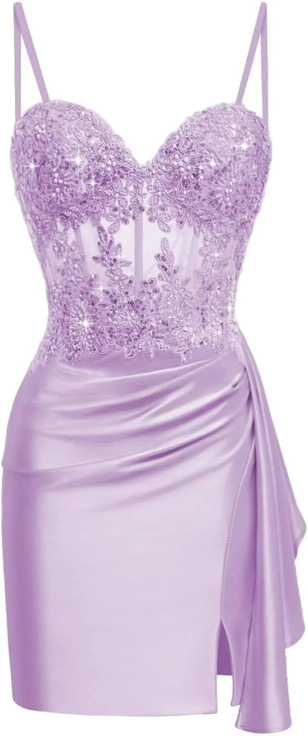 Pretty Lace Satin Mini Corset Hoco Dress 2026 Bodycon Cocktail Gown