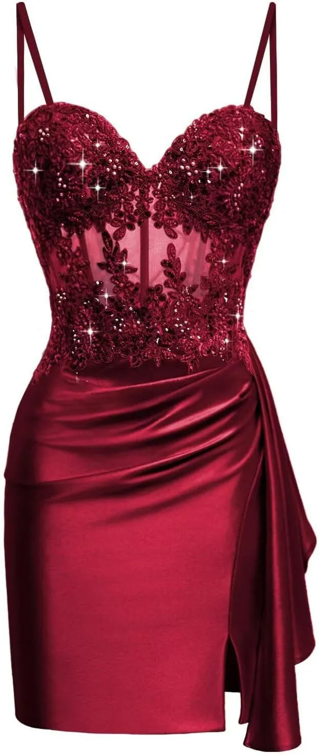 Pretty Lace Satin Mini Corset Hoco Dress 2026 Bodycon Cocktail Gown