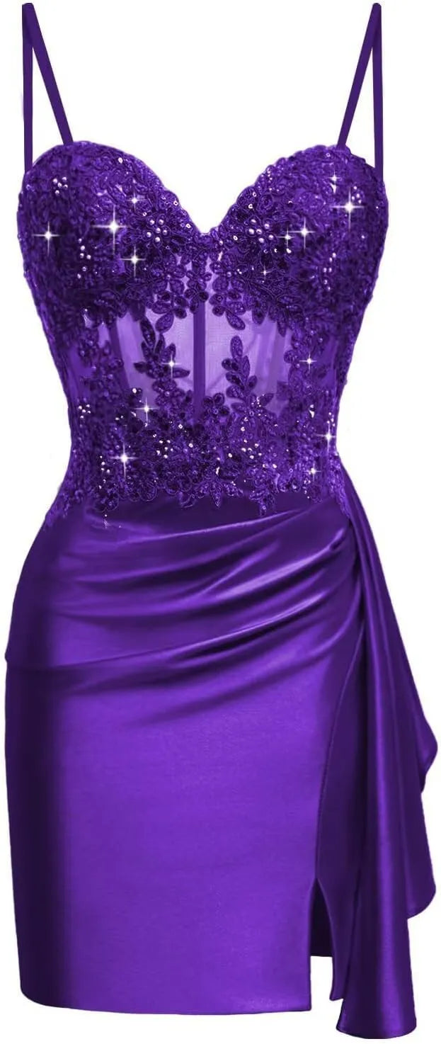 Pretty Lace Satin Mini Corset Hoco Dress 2026 Bodycon Cocktail Gown