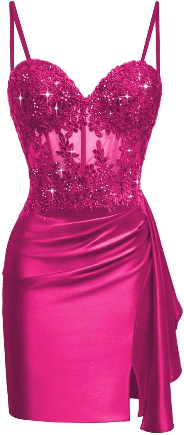 Pretty Lace Satin Mini Corset Hoco Dress 2026 Bodycon Cocktail Gown