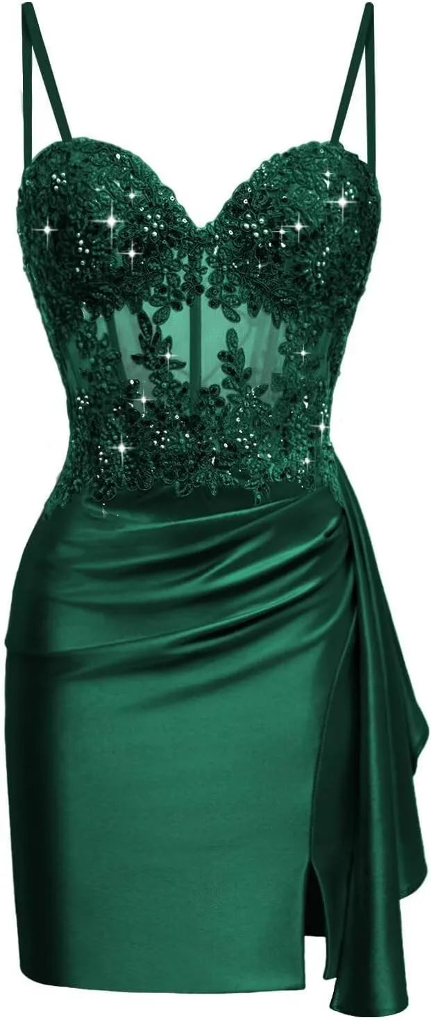 Pretty Lace Satin Mini Corset Hoco Dress 2026 Bodycon Cocktail Gown