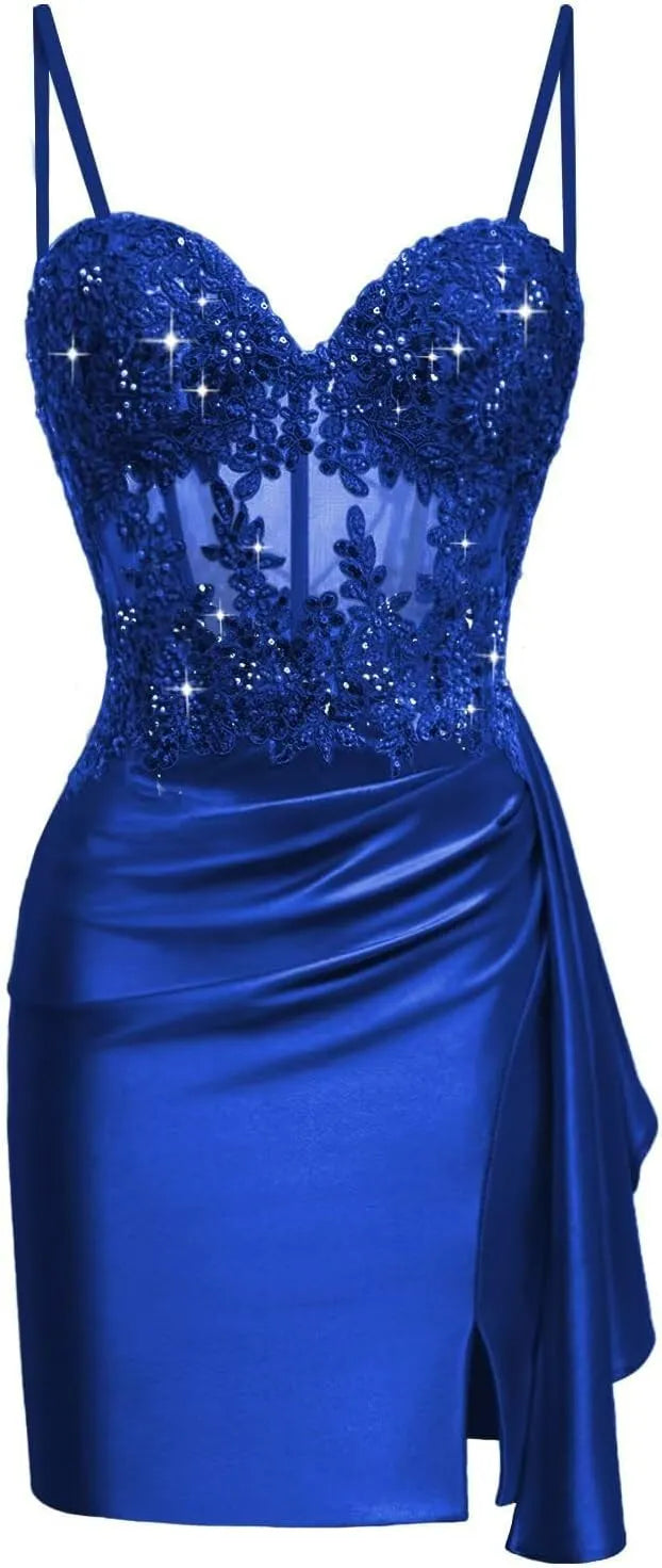 Pretty Lace Satin Mini Corset Hoco Dress 2026 Bodycon Cocktail Gown