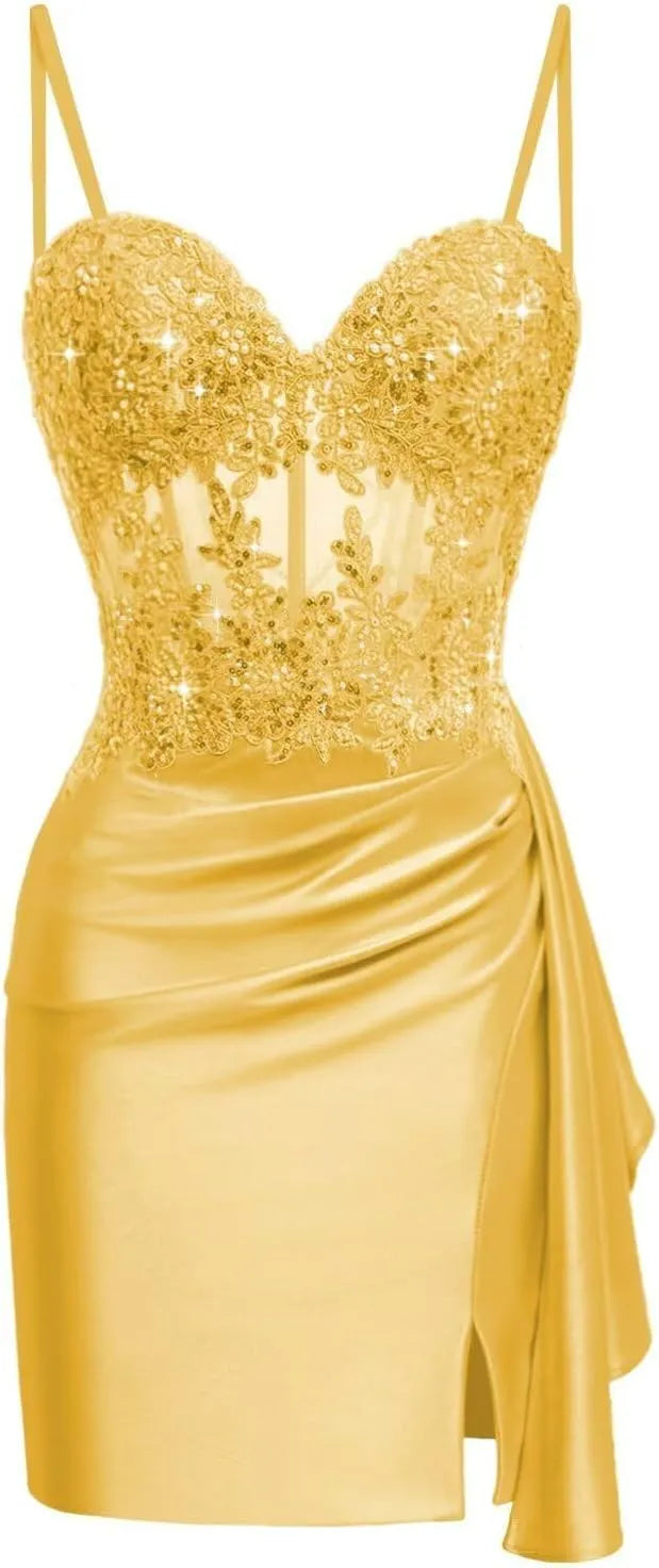 Pretty Lace Satin Mini Corset Hoco Dress 2026 Bodycon Cocktail Gown
