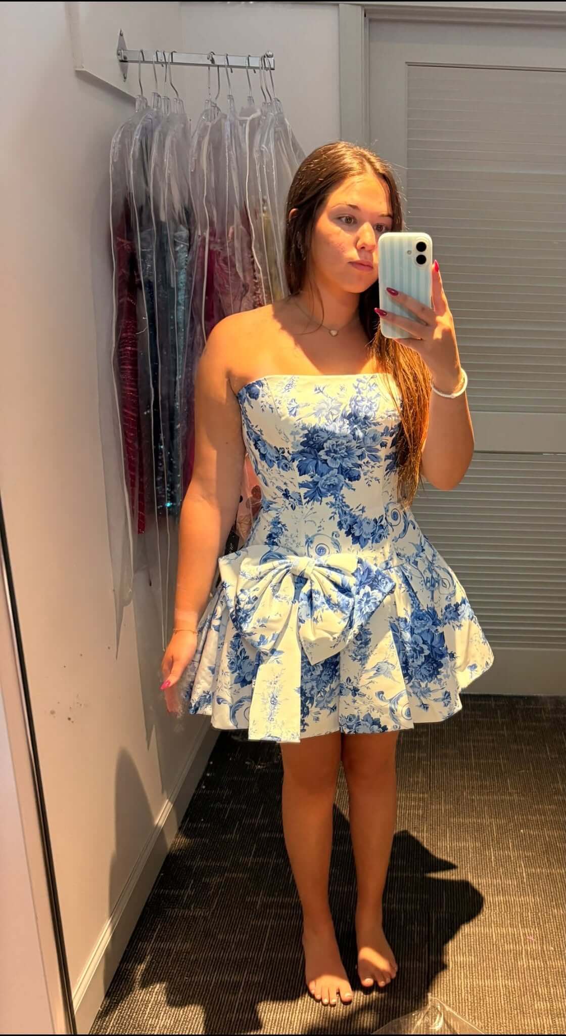 Pretty Mini Blue Print Strapless Short Homecoming Dress with Bow