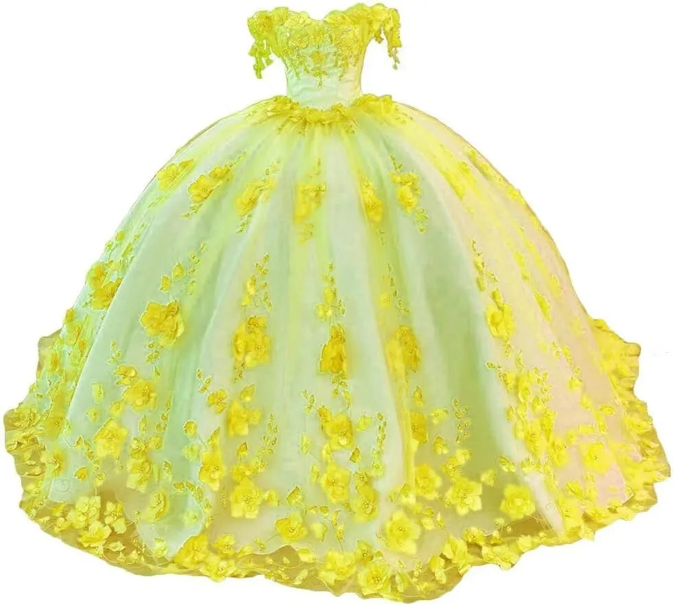 Vestido de princesa verde para quinceañeras, con flores, cuentas y cristales, hombros descubiertos