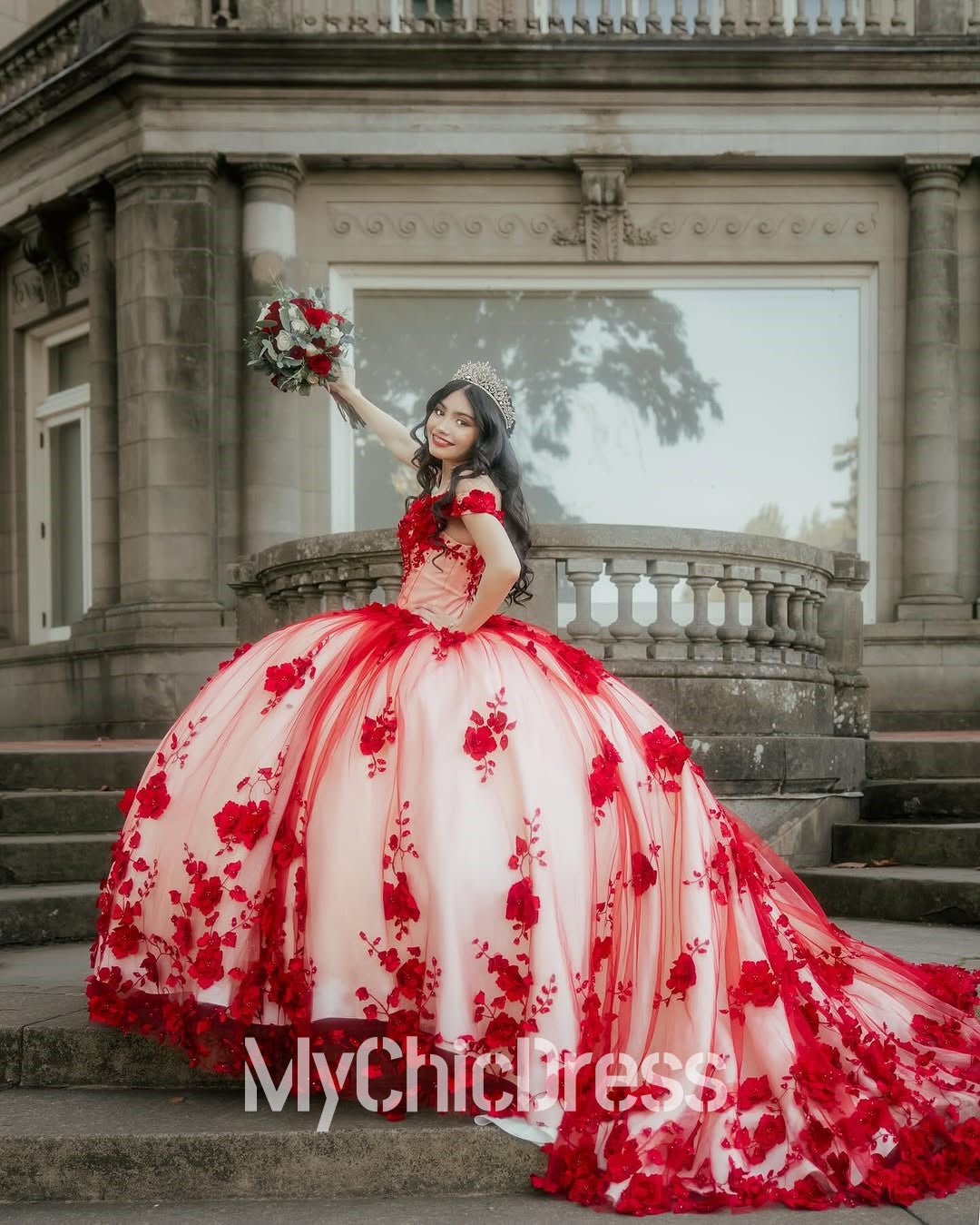 Princess Ball Gown red Quince Dresses Floral Beaded Crystals Off the Shoulder